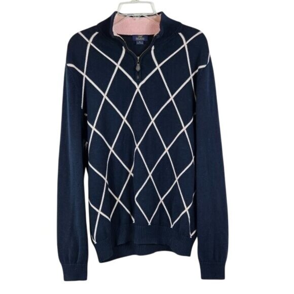 Brooks Brothers 346 Half Zip Sweater Sz L Navy Pink Argyle Diamond Academia - Picture 1 of 8